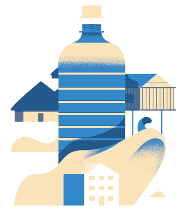 Water bottle and buildings graphic