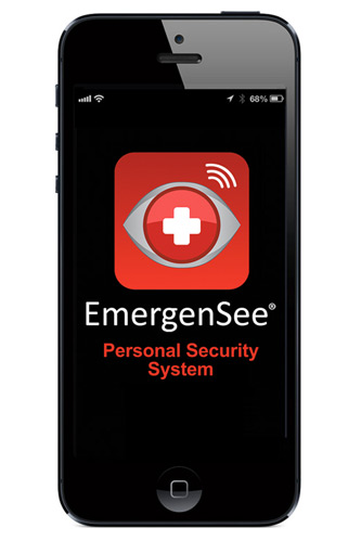 The EmergenSee Personal Security System logo displayed on the screen of an iPhone