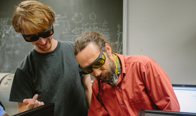 Michael Blades, a graduate student in physics, works with Rotkin on a new optics system that he built in Rotkin’s lab. This system characterizes novel materials and explores the nature of interactions at the nanoscale.