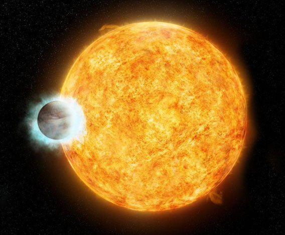 An artist’s illustration using data from NASA’s Chandra X-ray Observatory depicts a star named WASP-18 and its exoplanet, a “hot Jupiter” named WASP-18b. Hot Jupiters orbit close to their host star and dim its light at frequent intervals. WASP-18b, whose mass is about 10 times that of Jupiter’s, orbits WASP-18 once every 23 hours. (Image credit: X-ray: NASA/CXC/SAO/I.Pillitteri et al; Optical: DSS)