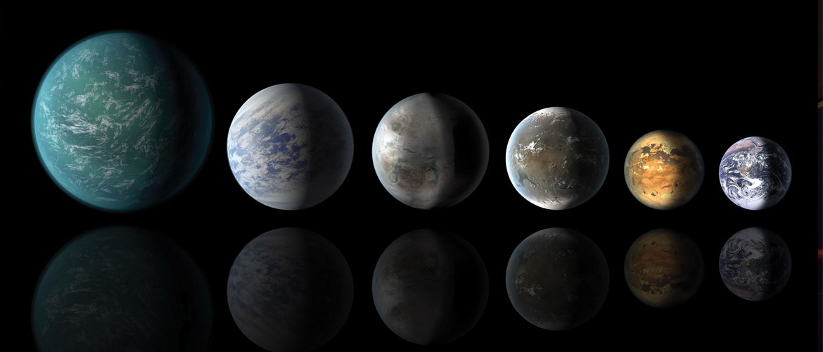 An artist's conception shows exoplanets discovered with NASA's Kepler space observatory that are located in the habitable zones of their host stars and can thus support liquid wanter on their surfaces. From left: Kepler-22b, Kepler-69c, Kepler-452b, Kepler-62f, Kepler-186f and Earth. In its relationship with its host start, Kepler-452b (1,400 light-years from Earth) most closely matches the relationship Earth has with the sun. 