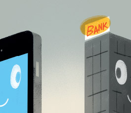 Illustration of bank and cell phone smiling at eachother