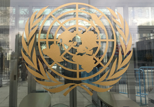 UN logo on a window