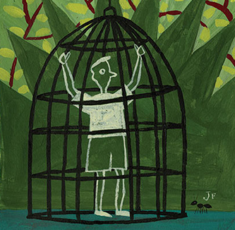 Chalk drawing of a person in a cage