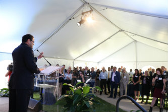 Sanjay Shah speaks at a ceremony marking his $5 million gift to Lehigh University.