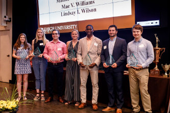 Group of Lehigh students with awards at Lehigh 2018 Student Life Leadership Awards