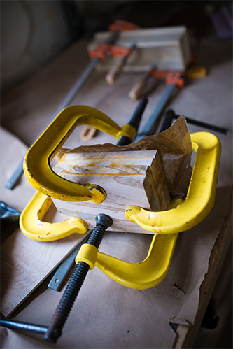 Pieces of wood clamped together