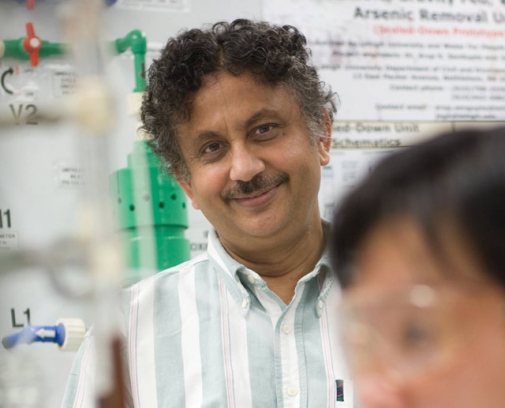 The hybrid ion exchangers that Arup SenGupta has developed have been incorporated into water and wastewater treatment processes around the world. (Photo courtesy of Rossin College)