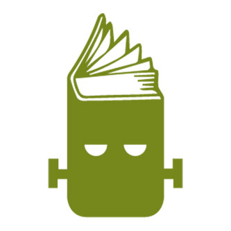 Frankenreads logo, green Frankenstein head in shape of open book
