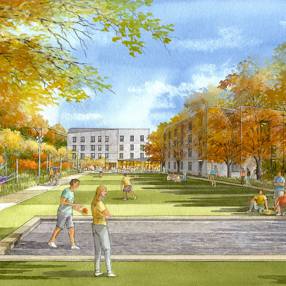The Great Lawn, connecting the New Residential Houses with the UC and providing a new space for student gathering and recreation.
