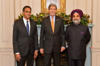 Verma and Kerry pose with Ambassador Taranjit Singh Sandhu
