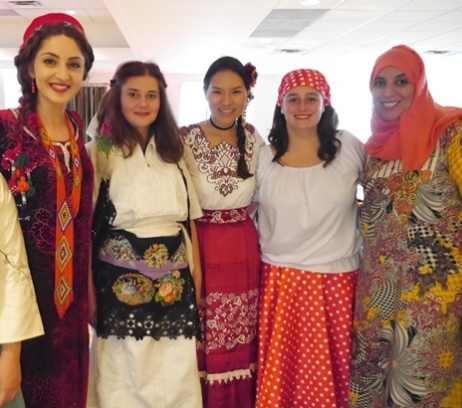 At the Opening Gala, (from left) Shamsiya Rakhimshoeva of Tajikistan, Shpresa Frrokaj (Kosovo), Gabriela Villegaes Montoya (Peru), Alexandra Parra del Riego (U.S./ Peru) and Fatma Al Maamari (Oman) provided a glimpse of their native cultures.